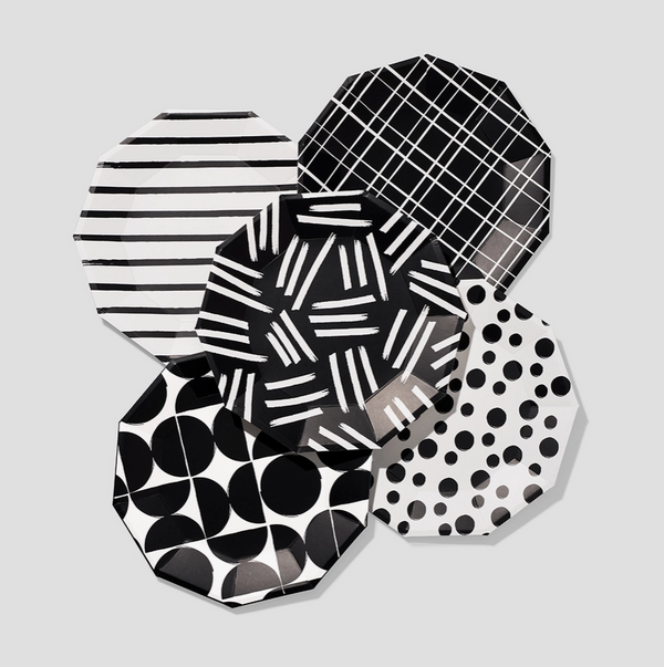 White and Black Dashes and Dots Large Paper Party Plates