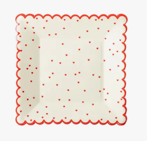 Scalloped Red Scattered Heart Large Paper Party Plates