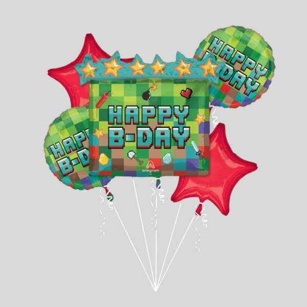 Pixel Party Happy Bday Foil Balloon Bouquet