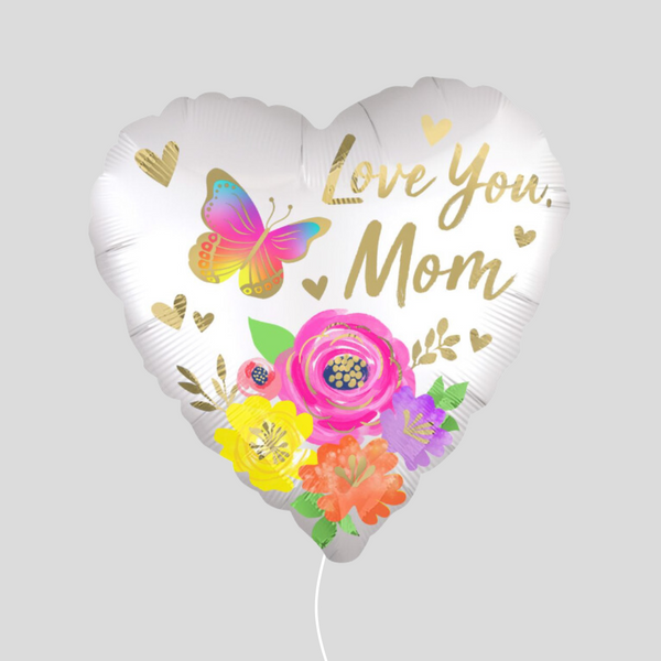 'Love You Mom' Heart Foil Helium Satin Floral Bouquet