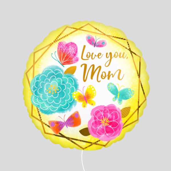 Round Gold Trim Foil 'Love You Mom' Helium Bouquet